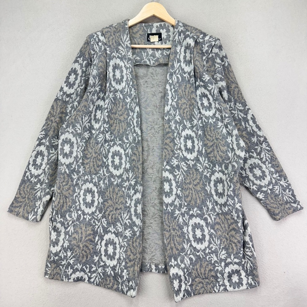Vintage Cardigan Sweater Womens 10 Gray Floral Open Front Wool Blend USA